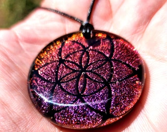 Lg fused Dichroic Glass hand etched ~ Seed of Life ~ goldish purple Sacred geometry Pendant