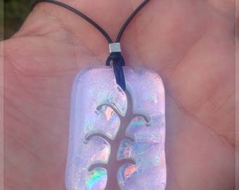 Opalescent rainbow pink carved Fused dichroic glass pendant 2in
