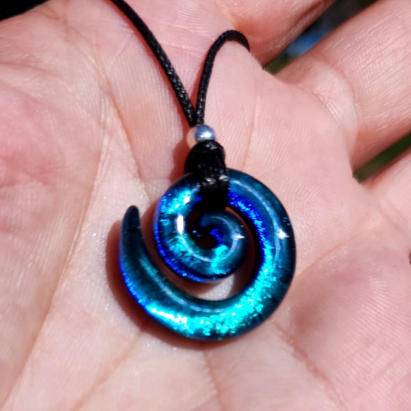 Small carved dichroic glass spiral aqua greenie blue pendant