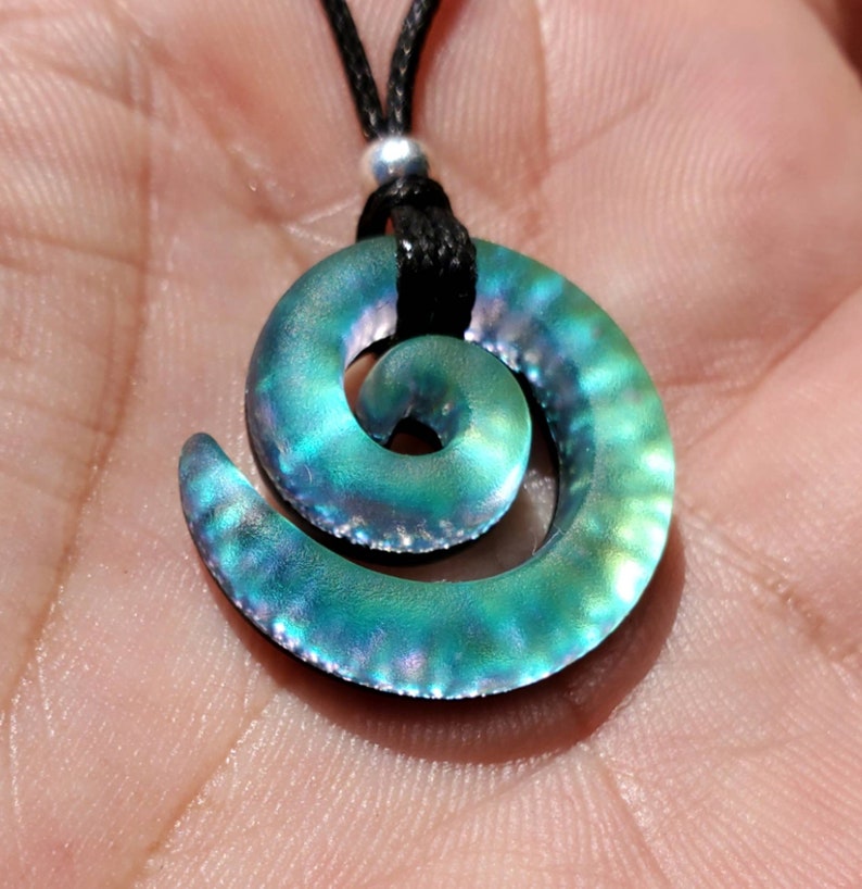 Small carved dichroic glass spiral lite green purple sandblasted pendant