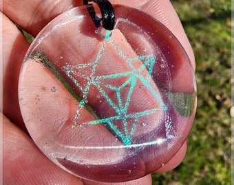 Lg. Fused Dichroic glass~Merkaba~ light body activation clear pendant