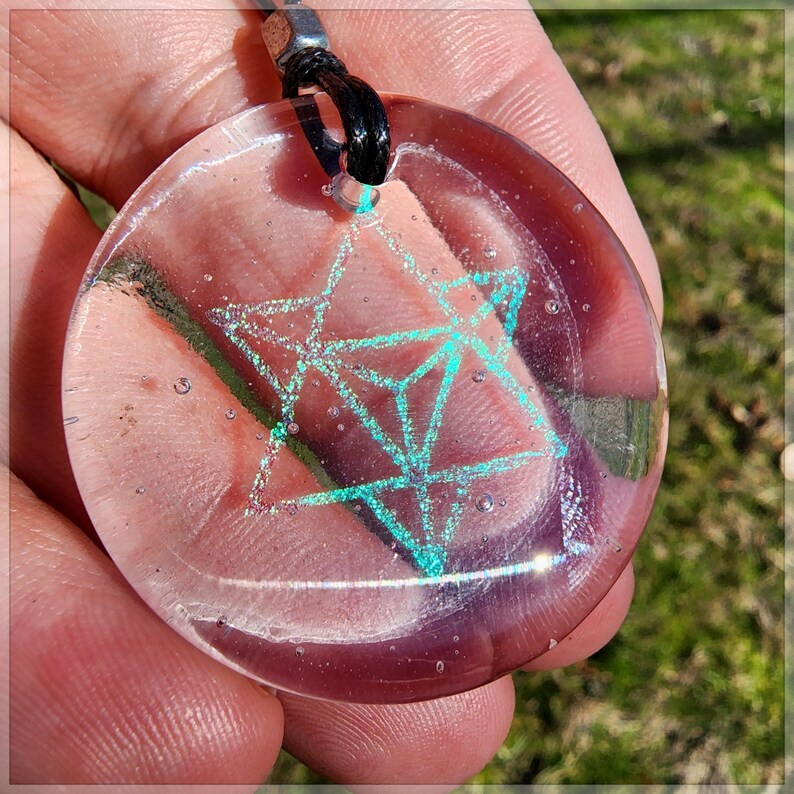 Lg. Fused Dichroic glassMerkaba light body activation clear pendant image 1