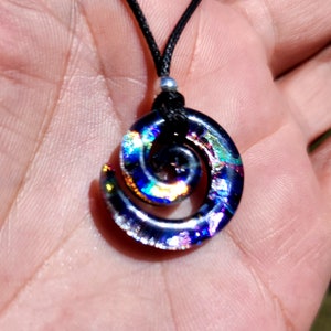 Small carved dichroic glass spiral rainbow galaxy on midnight silver pendant image 1