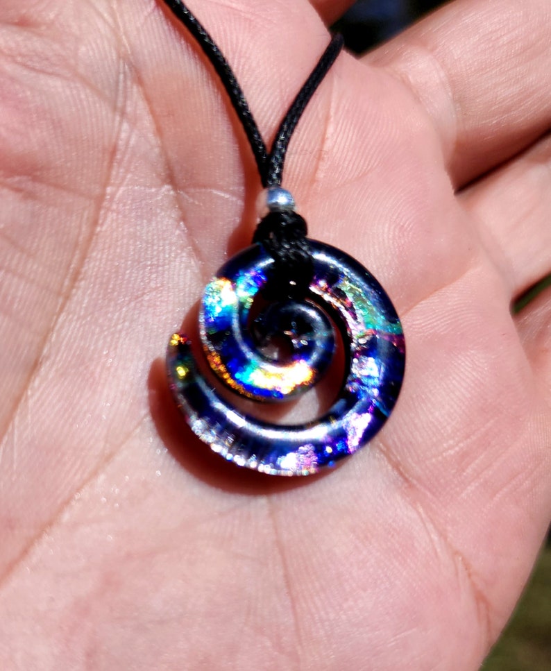 Small carved dichroic glass spiral rainbow galaxy on midnight silver pendant image 1