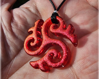 Medium carved dichroic glass Tri~ spiral red pendant