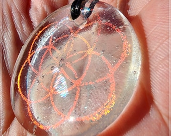 Lg fused Dichroic Glass hand etched ~ Seed of Life ~ Sacred geometry Pendant sunset clear