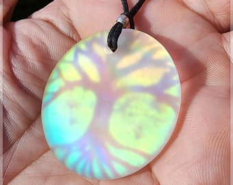 Lg. Fused Dichroic glass, sandblasted~Tree of life~ multicolorcolor  translucent pendant