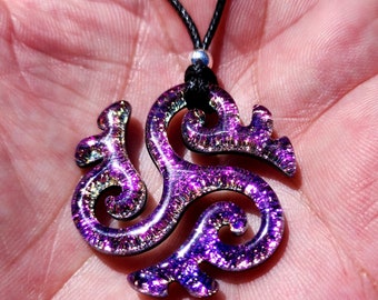 Medium carved dichroic glass Tri~ spiral purply gold glow pendant