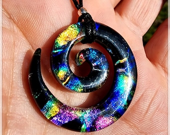 Medium  dichroic fused glass spiral rainbow galaxy on black pendant