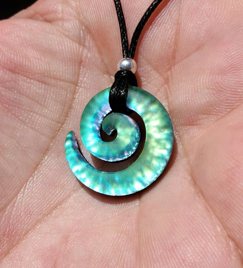 Small carved dichroic glass spiral lite green purple sandblasted pendant