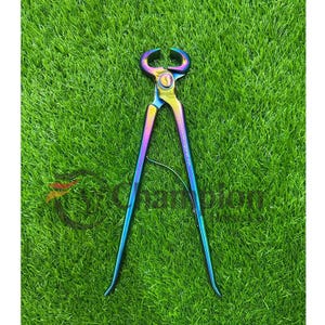 May include: A pair of farrier's nippers with a rainbow iridescent finish. The nippers are open, displaying the cutting blades and handles. The word "Olympic" is visible on the tool. The nippers are set against a background of green grass.