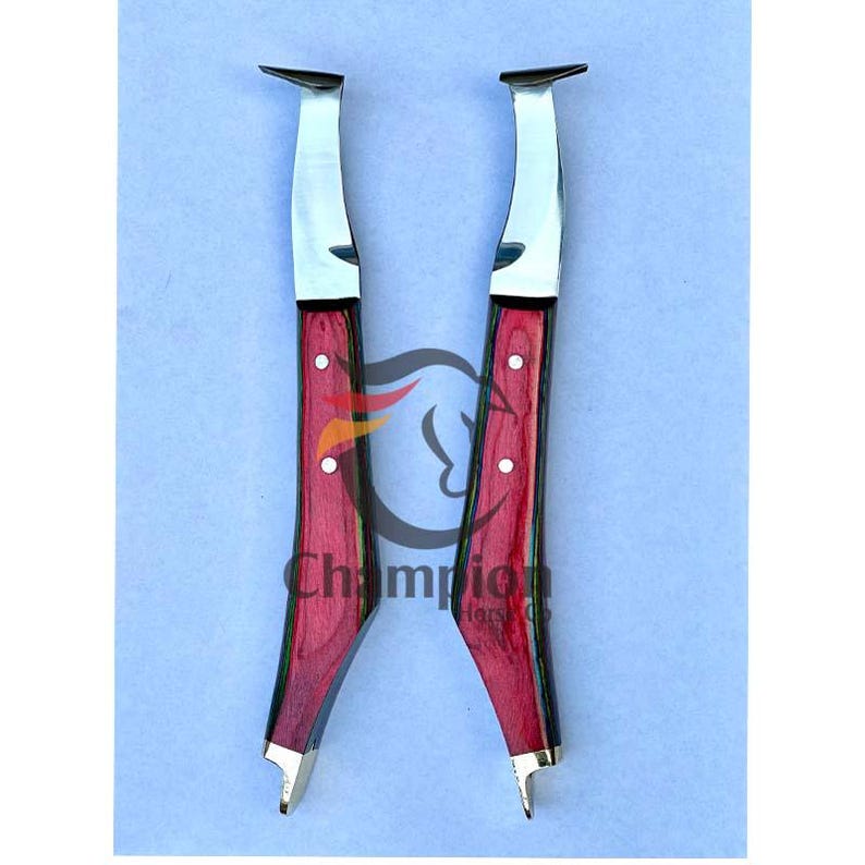 Pu&ograve; includere: Due coltelli per zoccoli con manici in legno rosso e lame argentate. I manici hanno un design curvo e sono adornati da tre punti bianchi. Il testo "Champion Horse" &egrave; visibile.