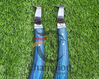 Set di coltello e punteruolo per zoccoli da maniscalco: acciaio giapponese J2, manico in legno blu.