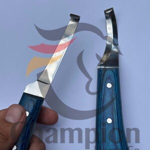 May include: Two hoof knives with blue wooden handles and silver blades. The handles have a textured, wood-grain appearance and are secured with silver rivets. The blades are curved and have a sharp edge. The text "Champion Horse Co" is partially visible.