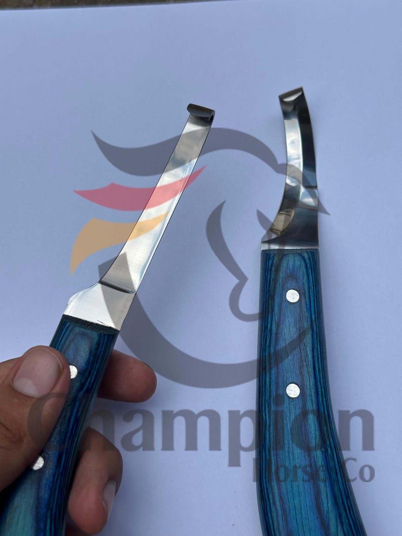 May include: Two hoof knives with blue wooden handles and silver blades. The handles have a textured, wood-grain appearance and are secured with silver rivets. The blades are curved and have a sharp edge. The text "Champion Horse Co" is partially visible.