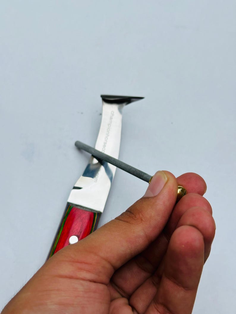 Pu&ograve; includere: Un affilacoltelli in uso su un coltello. Il coltello ha un manico rosso, verde e marrone. L'affilatore &egrave; un'asta grigia con un'estremit&agrave; dorata. La lama del coltello &egrave; argentata.