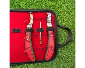 2Pcs Farrier Hoof Care Kit – Hoof & Loop Knife Set with Sharpener and Carry Pouch