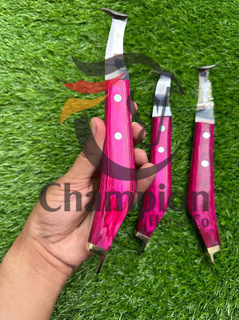 May include: Three hoof knives with bright pink wooden handles and silver blades are displayed on green grass. The handles have white dot accents and brass-coloured metal at the base. The text "Champion Horse Co" is partially visible.
