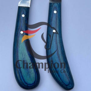 May include: Two hoof knives with blue wood handles and silver blades. The handles have a wood grain pattern and are secured with silver rivets. The text "Champion Horse Co" is visible on the handles.