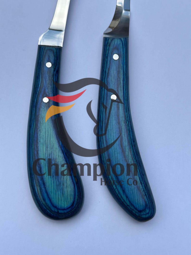 May include: Two hoof knives with blue wood handles and silver blades. The handles have a wood grain pattern and are secured with silver rivets. The text "Champion Horse Co" is visible on the handles.