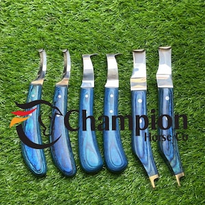 May include: Six hoof knives with blue wooden handles and silver blades are arranged on green grass. The text "Champion Horse co" is visible on the image.