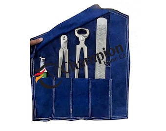 4-Piece Farrier Tool Kit with Nipper, Puller & Rasp in Leather Pouch