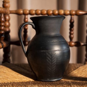 Black Smoked Ceramic Pitcher – Handmade Pottery Jug – Rustic Ukrainian Clay Vase – Traditional Burnished Earthenware – Kvitka Ceramic