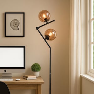 Standing Lamp | Black Mid-Century Modern Lighting | Dual Honey Glass Globes | Gold Accent Statement Lamp