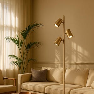 Standing Lamp | Gold Mid-Century Modern Spotlight | Triple Adjustable Heads | Handmade Statement Lighting