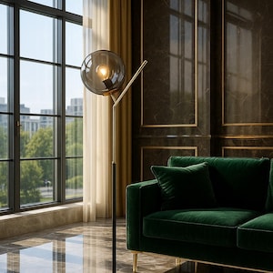 Standing Lamp | Black Minimalist Modern Floor Lamp | Smoked Glass Globe | Handmade Lighting