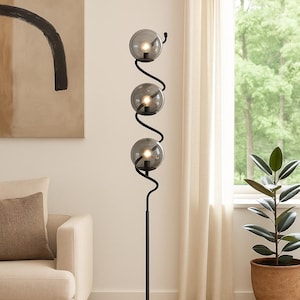 Floor Lamp Mid-Century Modern | Smoked Glass Globes with Chrome Accents