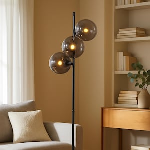 Standing Lamp Mid-Century Modern | Smoked Glass Globes, Gold Detail