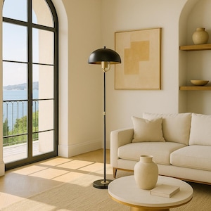Tall Lamp | Black & Gold Mid-Century Modern Style | Handmade Dome Shade | Elegant Metal Lighting