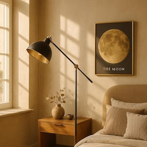 Floor Lamp | Black Mid-Century Modern Lighting | Adjustable Gold Shade | Handmade Industrial Design
