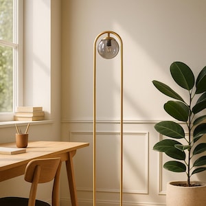 Floor Lamp | Gold Mid-Century Modern Lighting with Smoked Glass Globe | Art Deco Handmade Design
