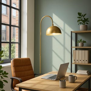 Tall Lamp | Mid-Century Modern Gold Arched Lamp | Handmade Dome Shade Statement Lighting