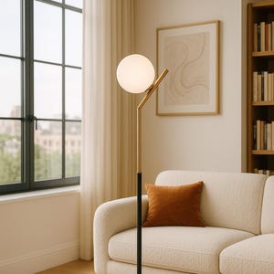 Floor Lamp | Black & Gold Mid-Century Modern Style | White Globe Shade | Handmade Statement Lighting