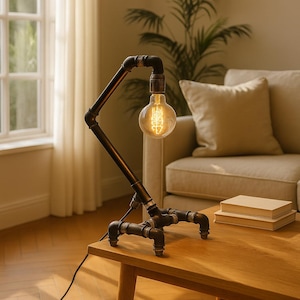 Table Lamp | Black Pipe Industrial Steampunk Style | Handmade Rustic Metal Design