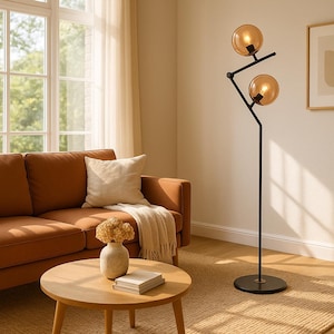 Mid Century Modern Standing Lamp – Black  Gold Floor Light with Honey Glass Globes