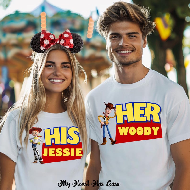 May include: Two white t-shirts featuring Toy Story character graphics. One shirt displays Jessie with the text HIS JESSIE, and the other shows Woody with the text HER WOODY. The shirts are paired with black sequined mouse ears with a red polka dot bow.
