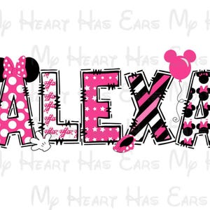 K&ouml;nnte beinhalten: Grafische Darstellung des Namens "ALEXA" im Cartoon-Stil. Die Buchstaben sind mit Mustern wie Punkten, Sternen und Streifen in Pink, Schwarz und Wei&szlig; gef&uuml;llt. Minnie Mouse-Elemente wie ein Ballon erg&auml;nzen das Design.