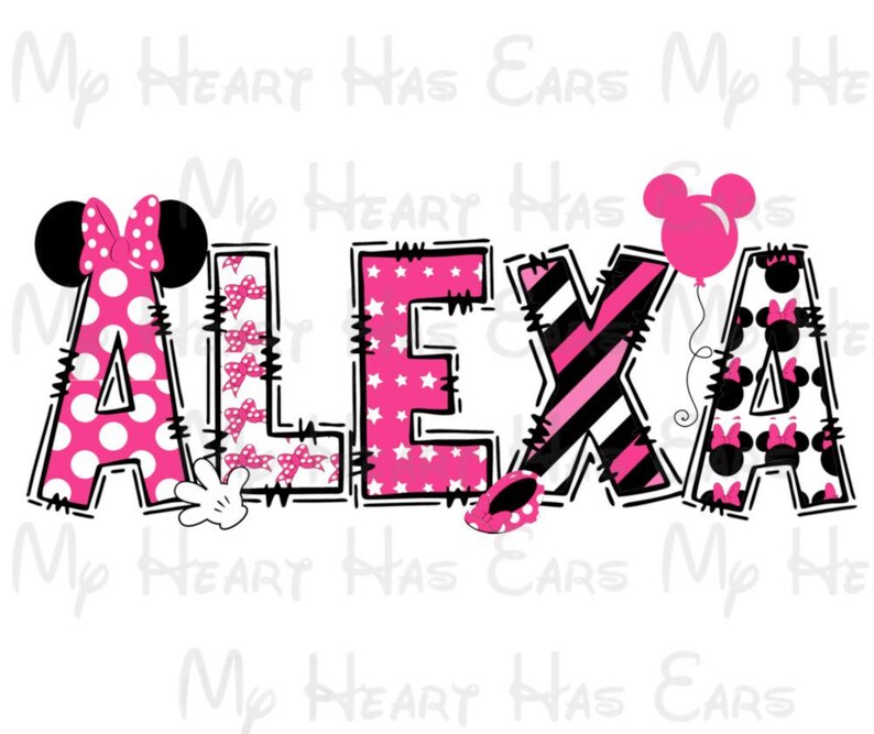 K&ouml;nnte beinhalten: Grafische Darstellung des Namens "ALEXA" im Cartoon-Stil. Die Buchstaben sind mit Mustern wie Punkten, Sternen und Streifen in Pink, Schwarz und Wei&szlig; gef&uuml;llt. Minnie Mouse-Elemente wie ein Ballon erg&auml;nzen das Design.