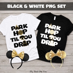 Park Hop Til You Drop PNG-paket • Svartvitt • Glittriga parkikoner • T-shirtdesign för familjesemester