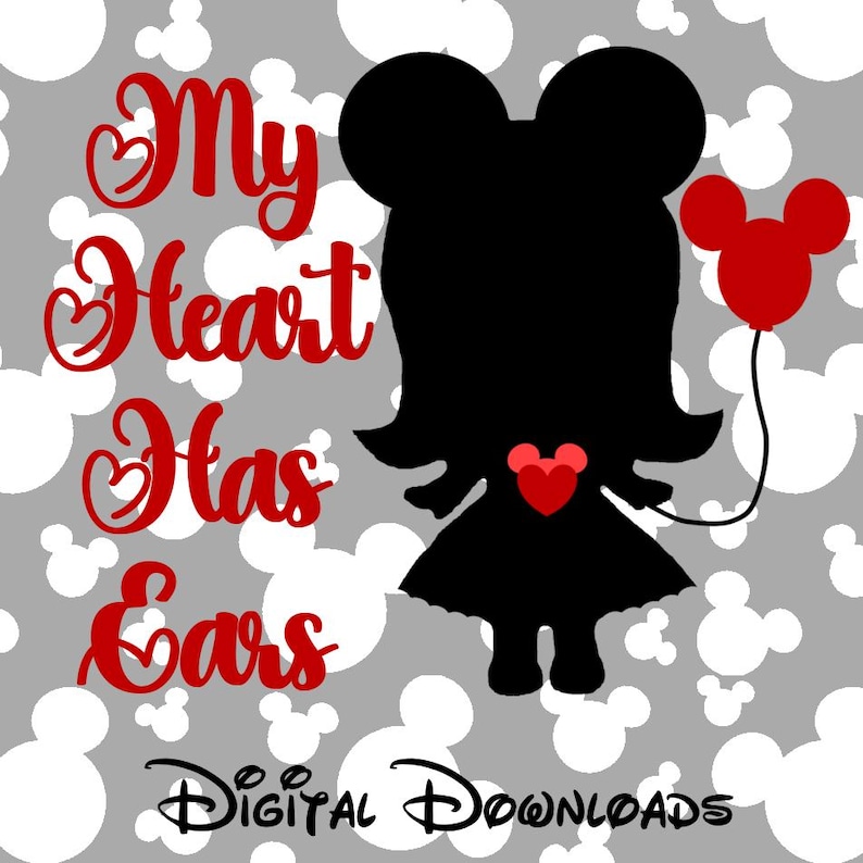 K&ouml;nnte beinhalten: Eine schwarze Silhouette einer Figur mit M&auml;useohren, die einen roten Ballon h&auml;lt. Der Text "My Heart Has Ears" ist in roter Schrift. Der Hintergrund ist grau mit wei&szlig;en Mickey Mouse-Kopfformen. Unten steht "Digital Downloads".