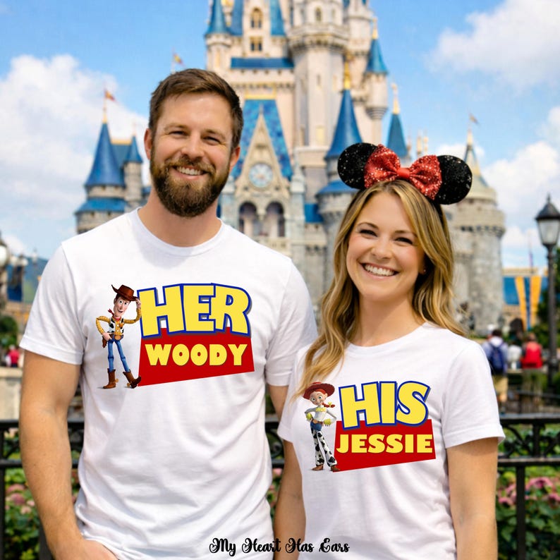 May include: Two white t-shirts featuring Toy Story character graphics. The left shirt displays Woody with the text HER WOODY. The right shirt displays Jessie with the text HIS JESSIE. The right shirt is worn with black sequin ears and a red bow.