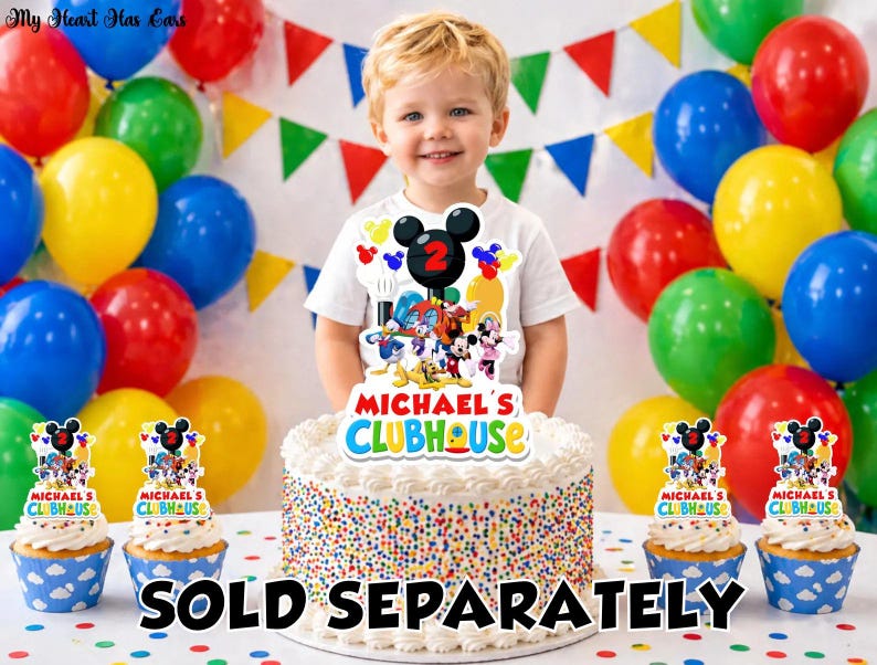 May include: A cake topper and four cupcake toppers featuring a colorful cartoon character graphic, a black Mickey Mouse ear silhouette with the number 2, and the text "MICHAEL'S CLUBHOUSE" in a vibrant, multi-colored font on a white background.
