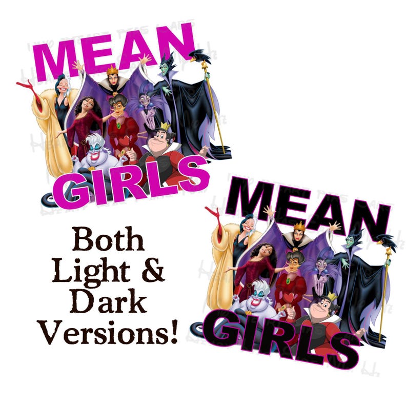 K&ouml;nnte beinhalten: Digitalgrafik mit Zeichentrick-B&ouml;sewichten mit den Worten "MEAN GIRLS" in Pink und Schwarz. Der Satz "Both Light & Dark Versions!" ist ebenfalls enthalten.