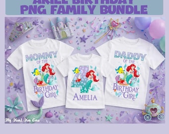 Ariel Familie Geburtstag PNG Set • Mama Papa & Name • Kleine Meerjungfrau Shirt Designs • Digitaler Download