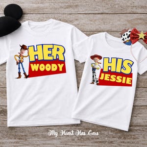 May include: Two white short-sleeve t-shirts. The left shirt features Woody with the text HER WOODY in yellow and red. The right shirt features Jessie with the text HIS JESSIE in yellow and red. Includes black mouse ears and a red sequin bow headband.
