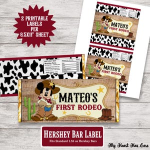 May include: Two printable candy bar labels on an 8.5x11 inch sheet featuring a cartoon mouse in cowboy attire, a wooden background, cow print borders, and the text Mateo's First Rodeo. Includes a nutrition facts panel and a cactus graphic.